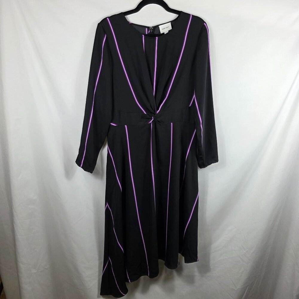 Nine West Dress Women's Size Large Black & Purple Stripe Asymmetrical Hem NEW